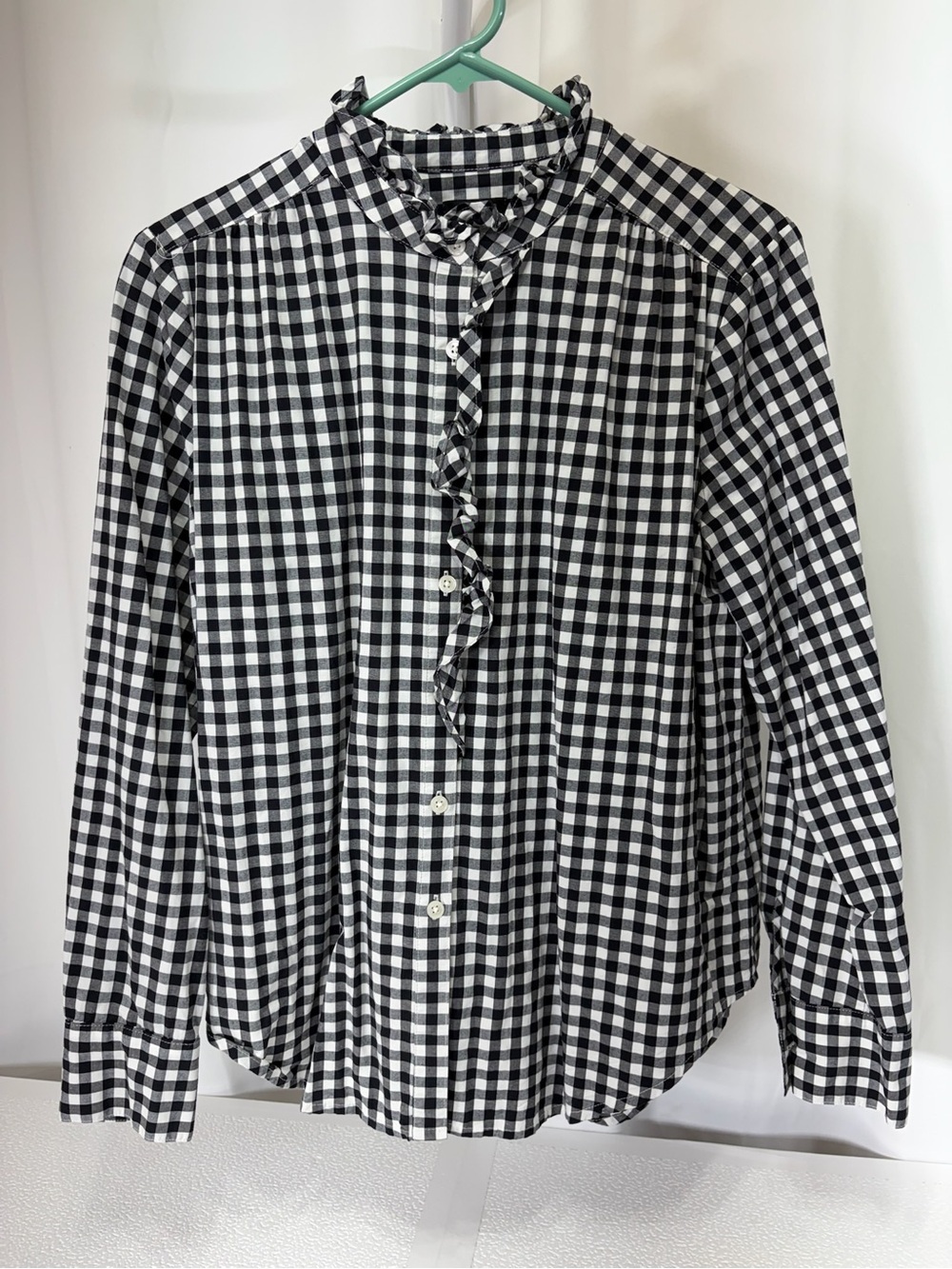 Ann Taylor Black and White Gingham Ruffle-Front Shirt 3827